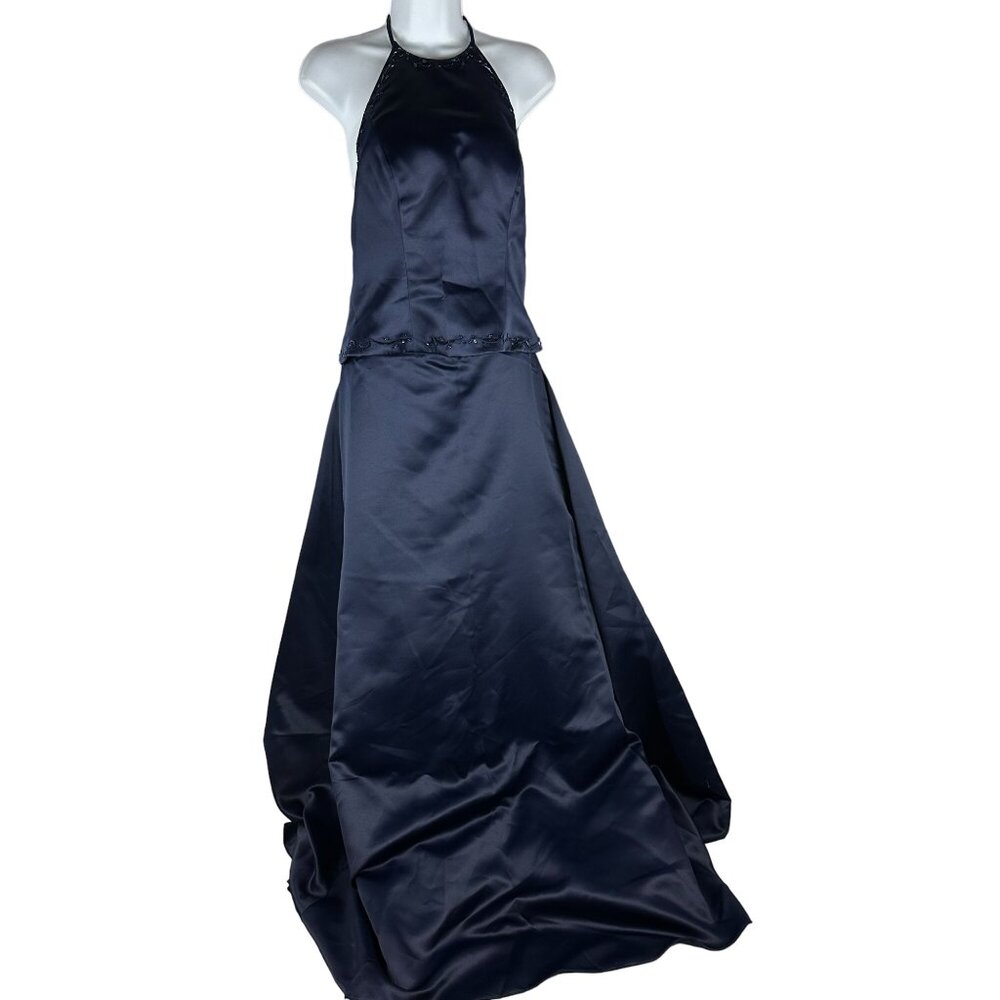Elegant B2 Navy Blue Halter Evening Gown With Beaded Accents & Satin Finish Size